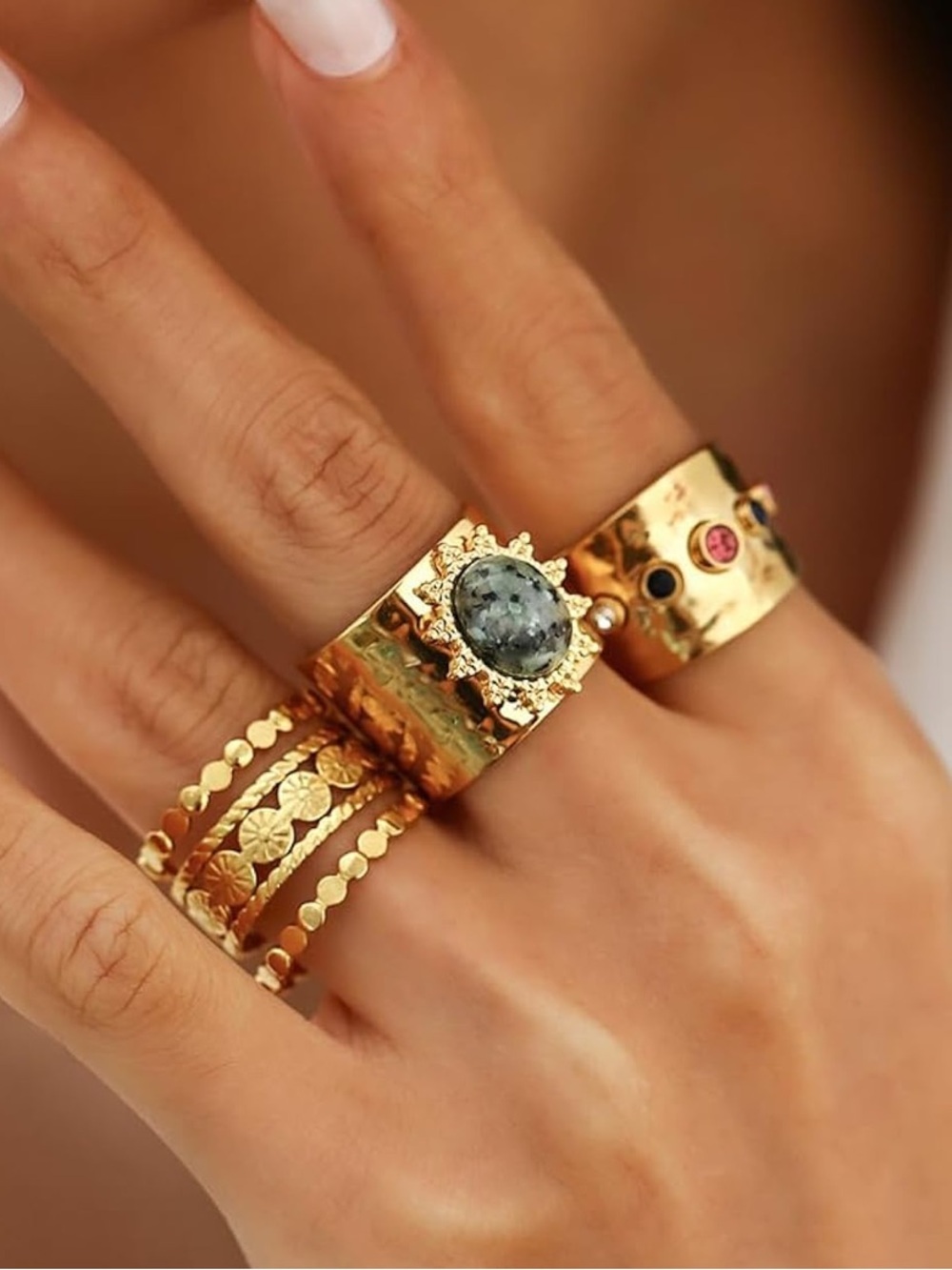 Anthropologie Gold Tone Mixed Stone Wide Band Ring Set - Picture 5 of 6